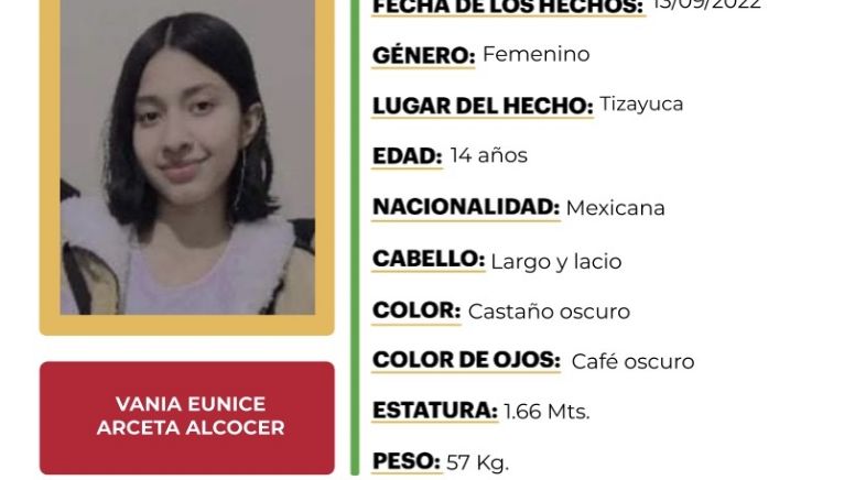 Alerta Amber: desaparece en Tizayuca Vania Eunice Arceta, de 14 años