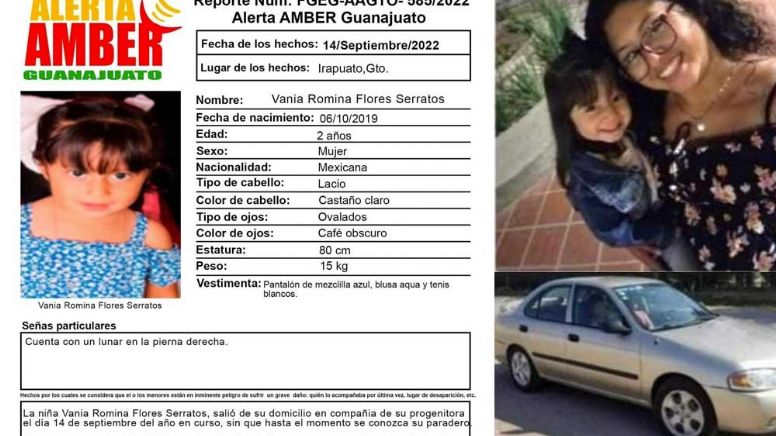 Alerta Amber: Desaparece Vania Romina Flores, de 2 años, salió acompañada de su mamá en Irapuato